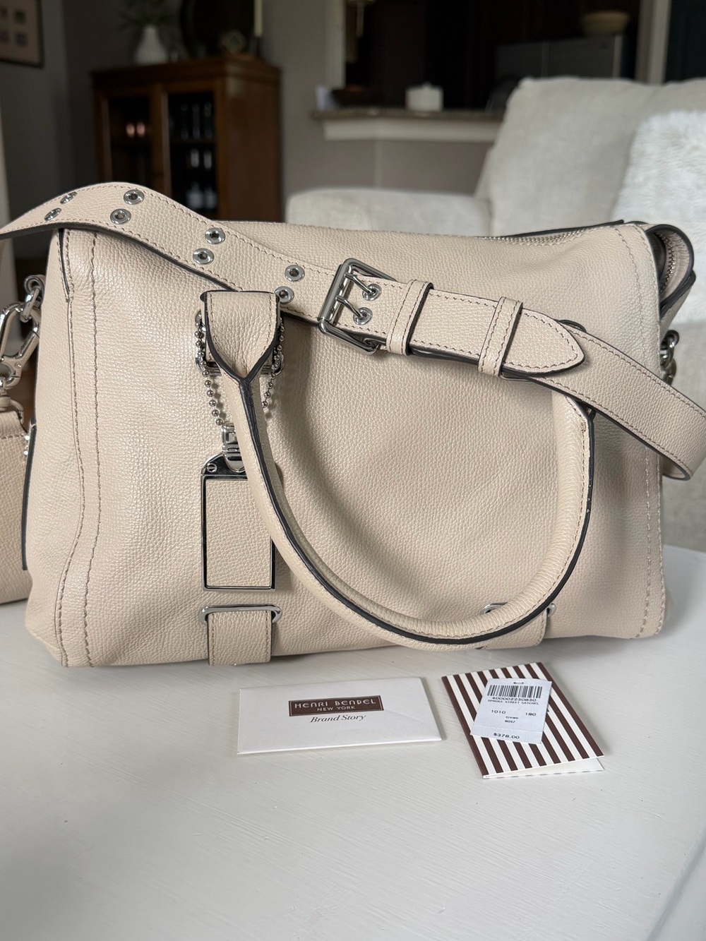Henri BENDEL Spruce Street Large Pebbled Leather Tan Duffle Satchel Bag Silver